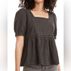 Madewell Denim Babydoll Top w/ Puff Sleeves, Lunar Wash